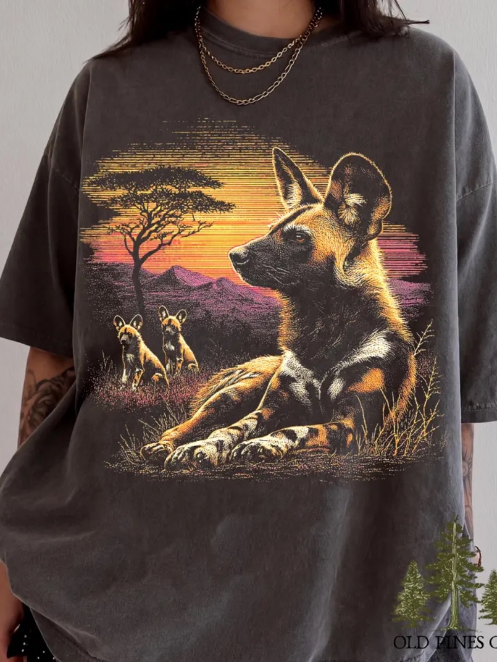 Pepper African Wild Dog Graphic Tee - Sunset Print